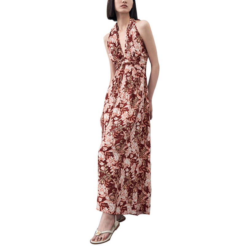 Rayon Ditial Printed V neck Backless Crinkled wasit Long Dress  (1)