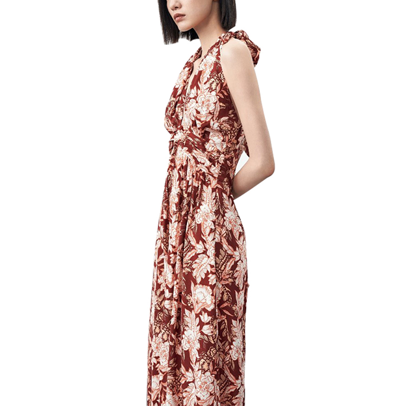Rayon Ditial Printed V neck Backless Crinkled wasit Long Dress  (2)