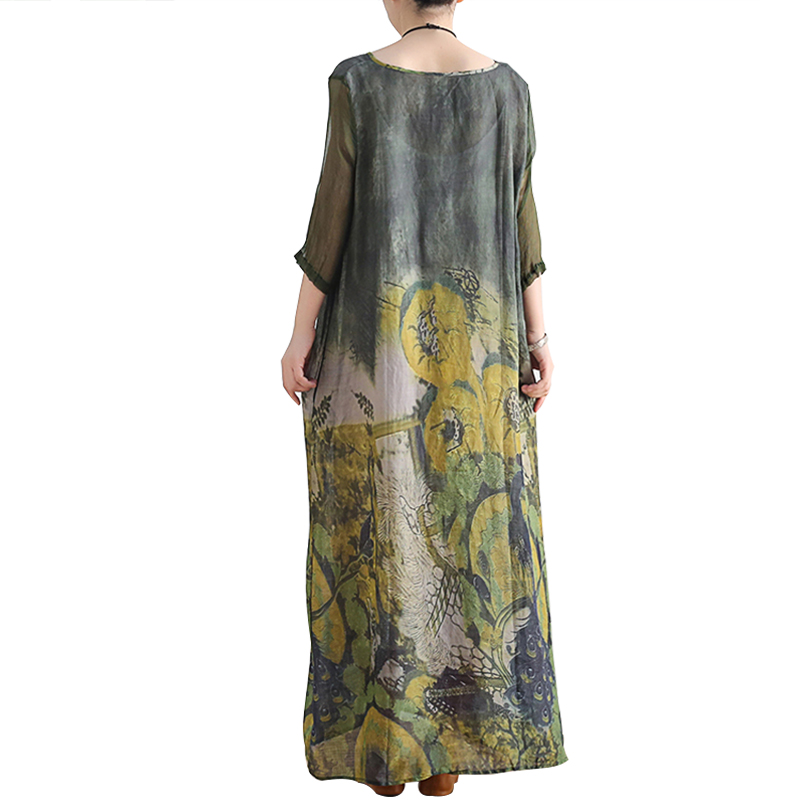 SS2378 Silk Cotton Placement Digital Printed mid Sleeve V neck Loose long Dress  (1)