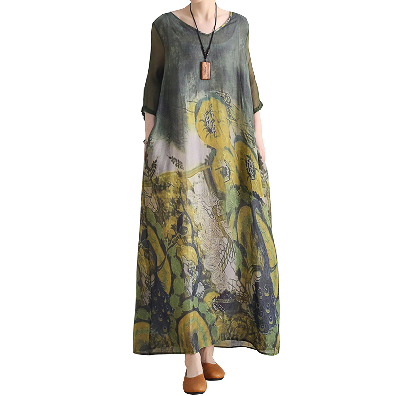 SS2378 Silk Cotton Placement Digital Printed mid Sleeve V neck Loose long Dress  (2)