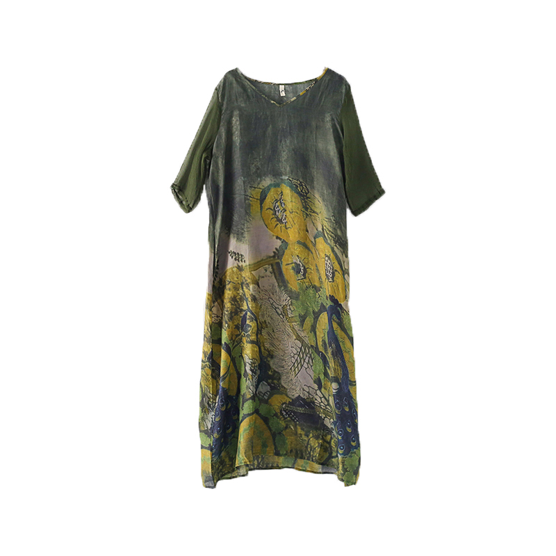 SS2378 Silk Cotton Placement Digital Printed mid Sleeve V neck Loose long Dress  (4)