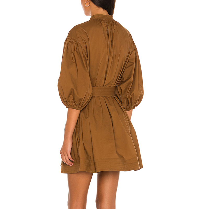 SS2384 Cotton Linen Stand Neck button Up Mid Sleeven Womens blouse Dress (3)