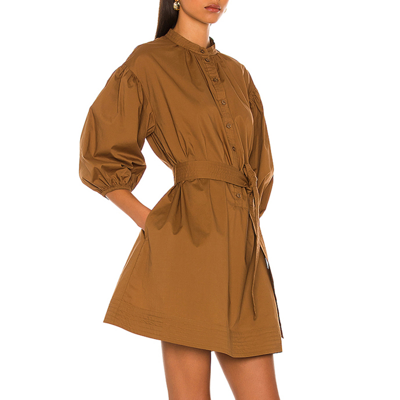 SS2384 Cotton Linen Stand Neck button Up Mid Sleeven Womens blouse Dress (4)